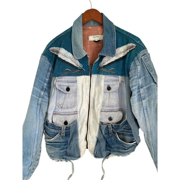 Vtg Y2K Denim Patchwork Jacket Tribal Boho Streetwear Feather Embroidery - Picture 3 of 15